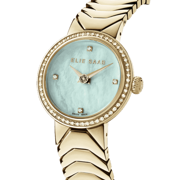 IDYLLE DIAMOND GOLD green mother-of-pearl dial, with 59 diamonds on the bezel and index.