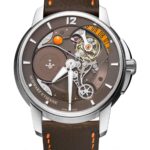 ROSWELL 08 manufactured automatic  with micro-rotor movement ISE  100.11, Central hours and minutes,  date at 2 o'clock, tobacco brown dial  and orange date, stainless steel case  (45mm), grained calf leather brown  strap, stainless steel folding buckle