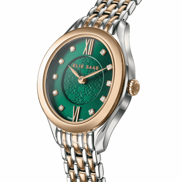SS Case, 10 Diamonds on Dial, RG. Bezel & crown, Green Dial,