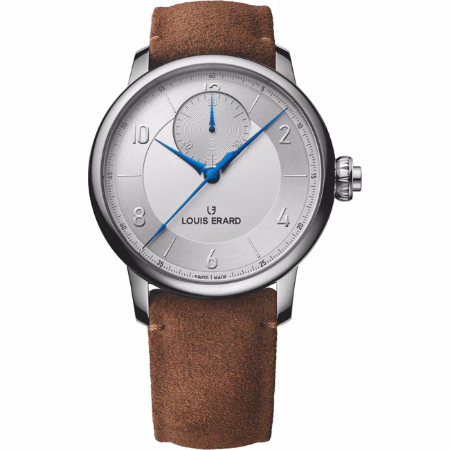 EC, MAM Chronograph, Movement SW500MPC, Steel case polished, 43mm, Silver dial, Leather strap Nubuck chocolate